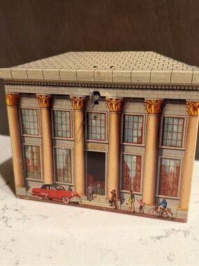 Vintage DBF Bank Biscuit Tin Money 1948 Louis Ruymen House Shaped With Key